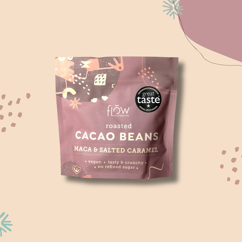 ROASTED CACAO BEANS (BOABE CACAO CROCANTE CU PERUVIAN MACA & CARAMEL SARAT) 100g
